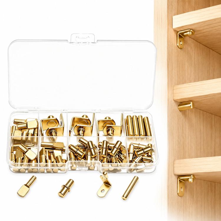 64 PCS/Pack Shelf Pegs Kit 4 Assorted Styles Shelf Support Pins Brackets Assortment with Storage Box, 64 PCS/Pack Gold, 64 PCS/Pack Silver