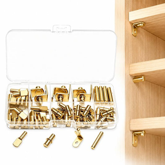64 PCS/Pack Shelf Pegs Kit 4 Assorted Styles Shelf Support Pins Brackets Assortment with Storage Box, 64 PCS/Pack Gold, 64 PCS/Pack Silver