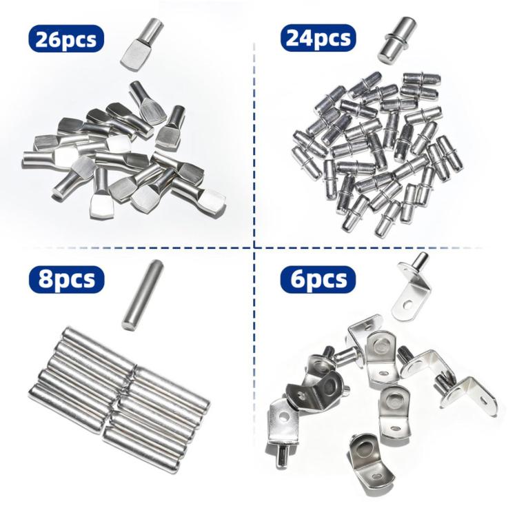 64 PCS/Pack Shelf Pegs Kit 4 Assorted Styles Shelf Support Pins Brackets Assortment with Storage Box, 64 PCS/Pack Gold, 64 PCS/Pack Silver
