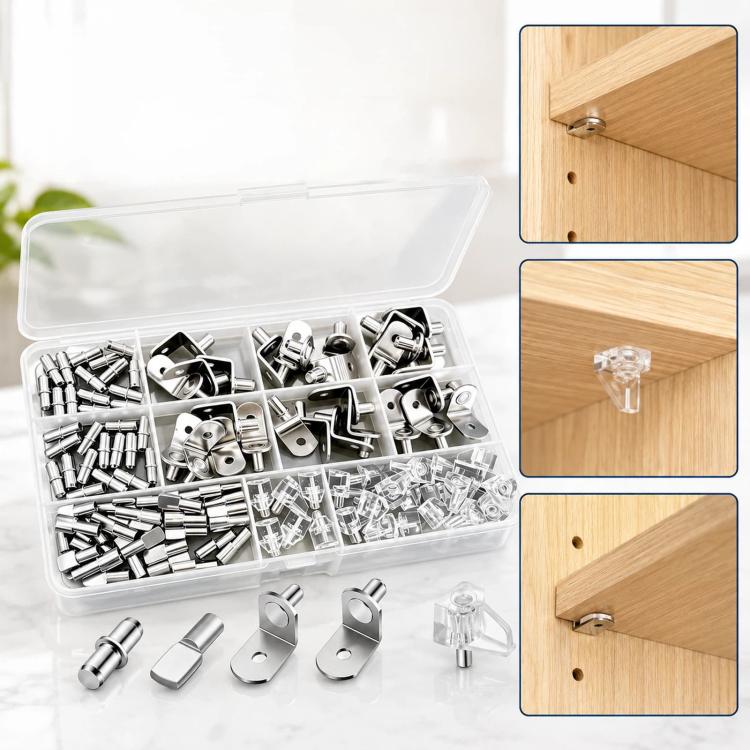 Assorted metal shelf support pins and clear plastic shelf pegs in clear organizer box
