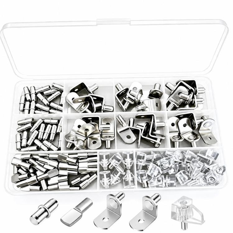 Assortment of silver shelf support pins and clear plastic pegs in divided organizer tray