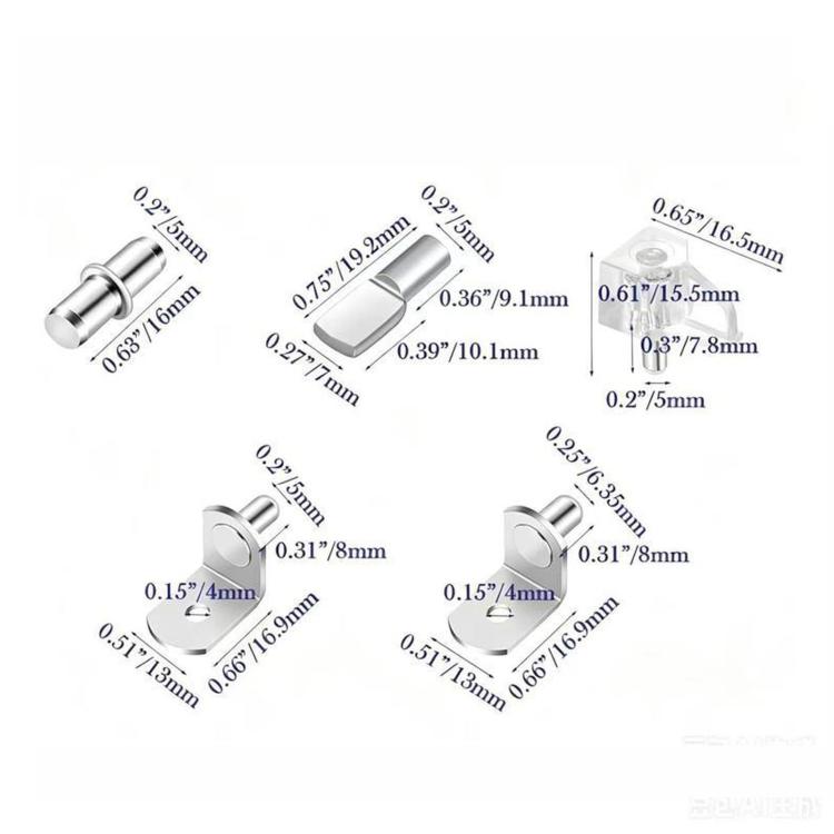 Shelf support pins with size labels: cylindrical, flat, and L-shaped metal brackets