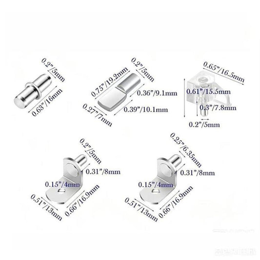112 PCS/Box Shelf Pegs Kit 5 Assorted Styles Metal & Clear Plastic Shelf Support Pins Brackets Assortment with Organizer Box, 112 PCS/Box Silver