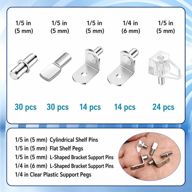 Assorted shelf peg kit with cylindrical, flat, and L-shaped metal brackets plus clear pegs