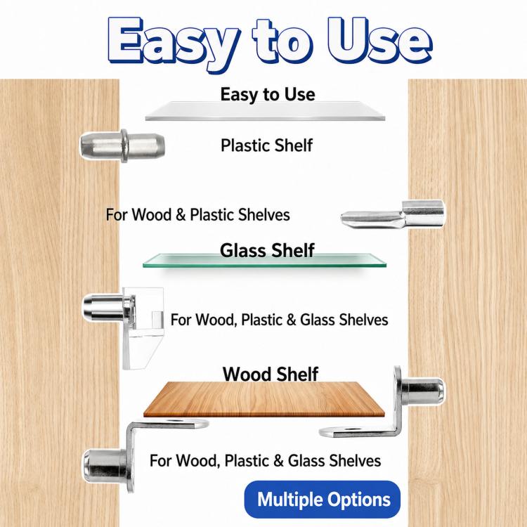 Shelf support pins attaching wood, plastic, and glass shelf panels with metal brackets