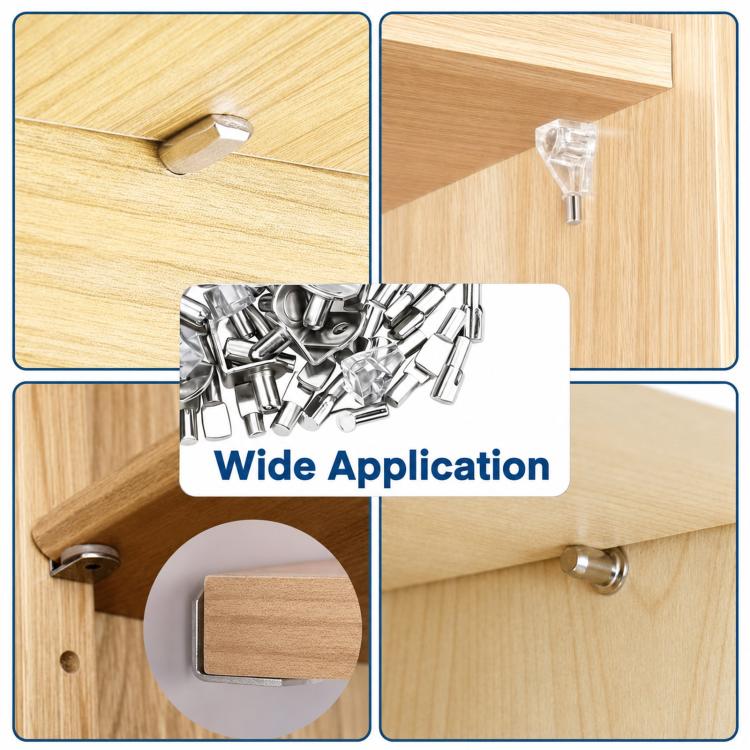 Metal shelf support pins installed in wooden shelf holes with clear plastic peg