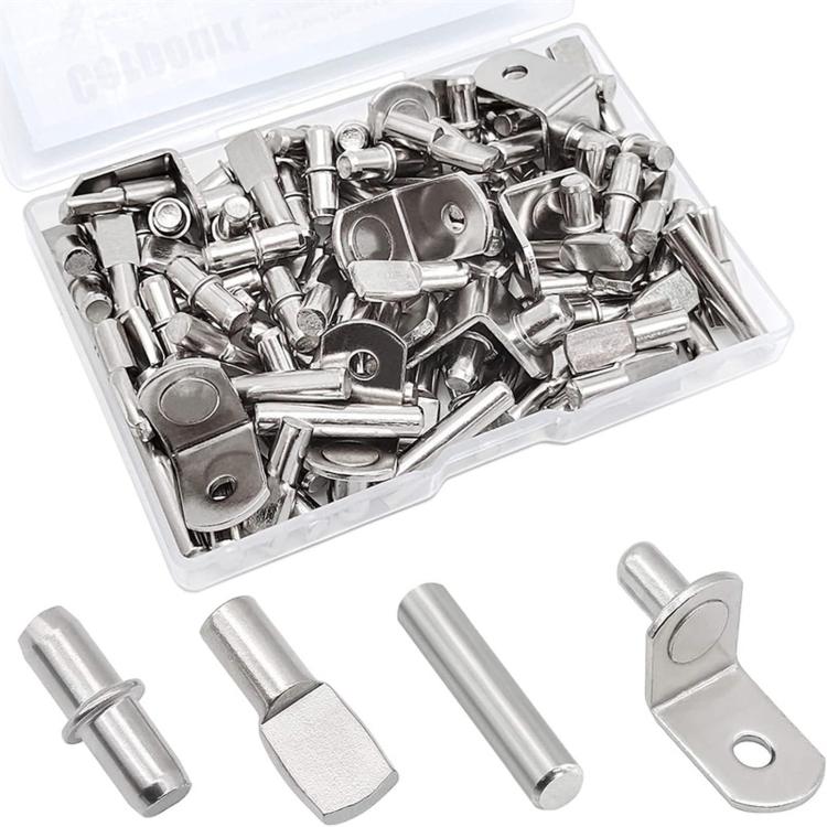 Silver metal shelf support pegs kit, assorted shelf brackets and support pins in box