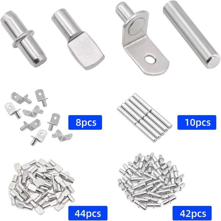 Silver metal shelf support pins and brackets set, showing multiple shapes and sizes