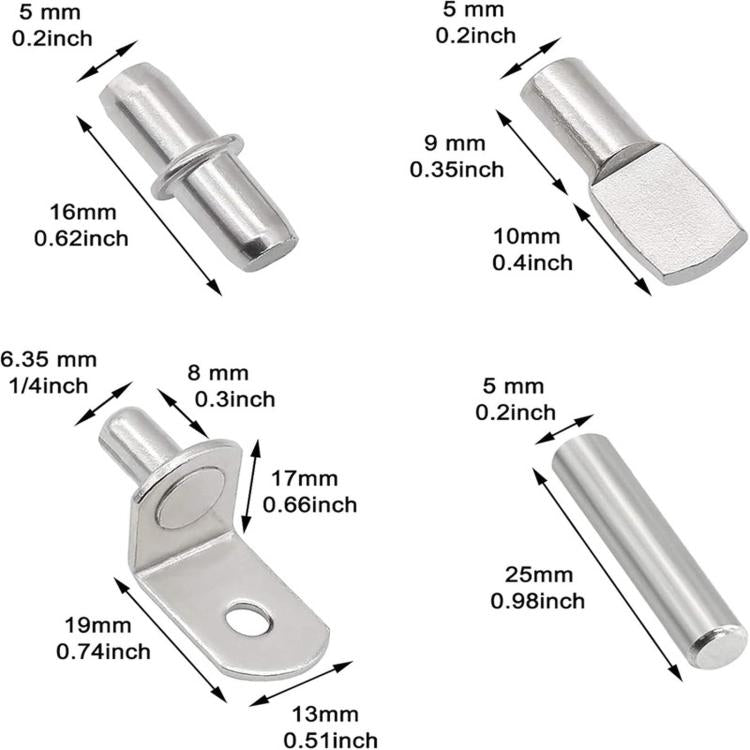 Silver metal shelf support pegs with size diagram, showing pin and bracket dimensions