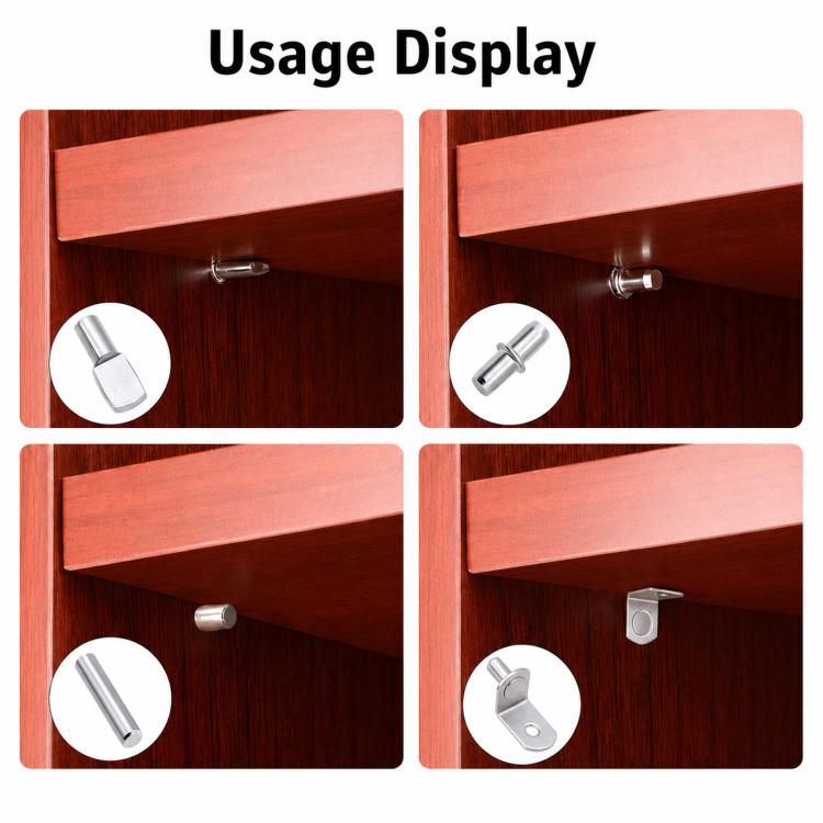 Silver shelf support peg hardware shown in cabinet shelf opening, usage display