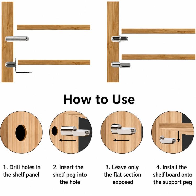 Shelf support peg installation steps shown with silver pegs for wooden shelves