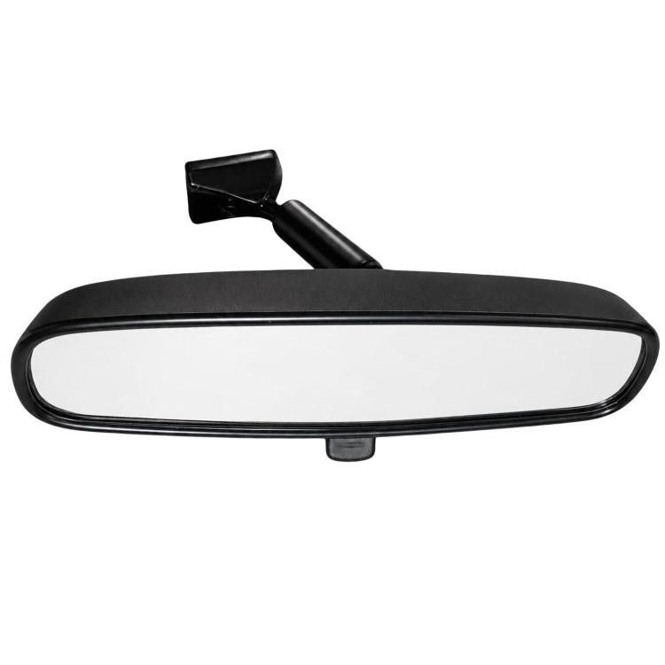 Black interior rearview mirror with curved frame and rectangular mounting button