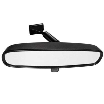 Black interior rearview mirror with curved frame and rectangular mounting button