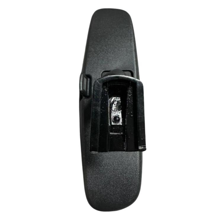 Black interior rearview mirror back view with mounting housing and metal latch