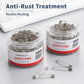 Anti-rust stainless safety pin set with two labeled jars and loose silver pins