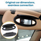 Black oval vanity mirror cover on car sun visor, with close-up insert views