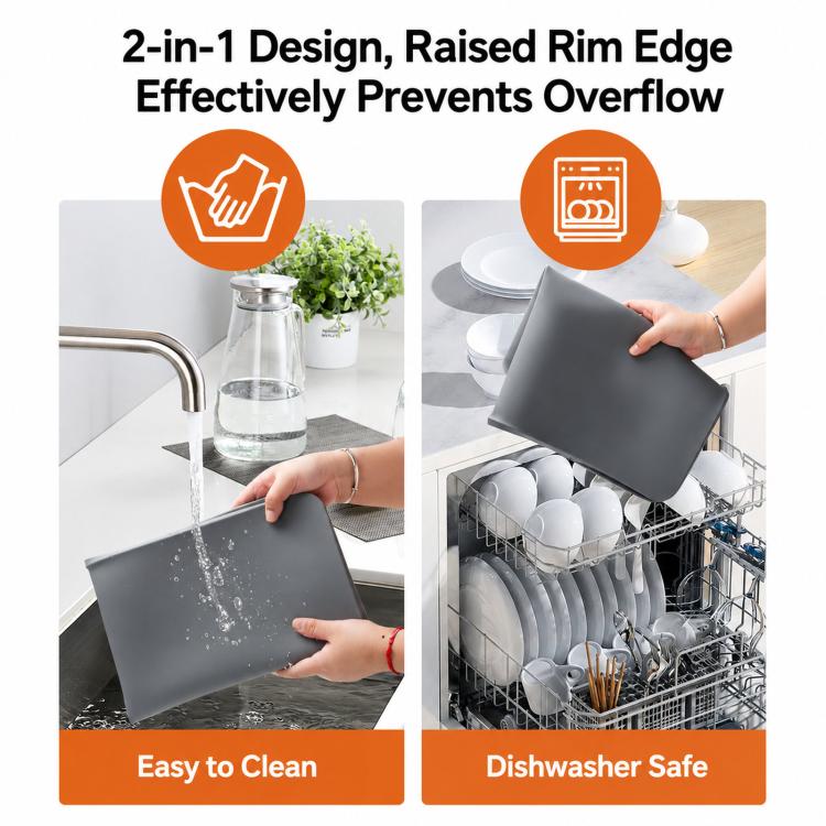 Dark gray silicone countertop mat with raised rim edge and textured draining surface