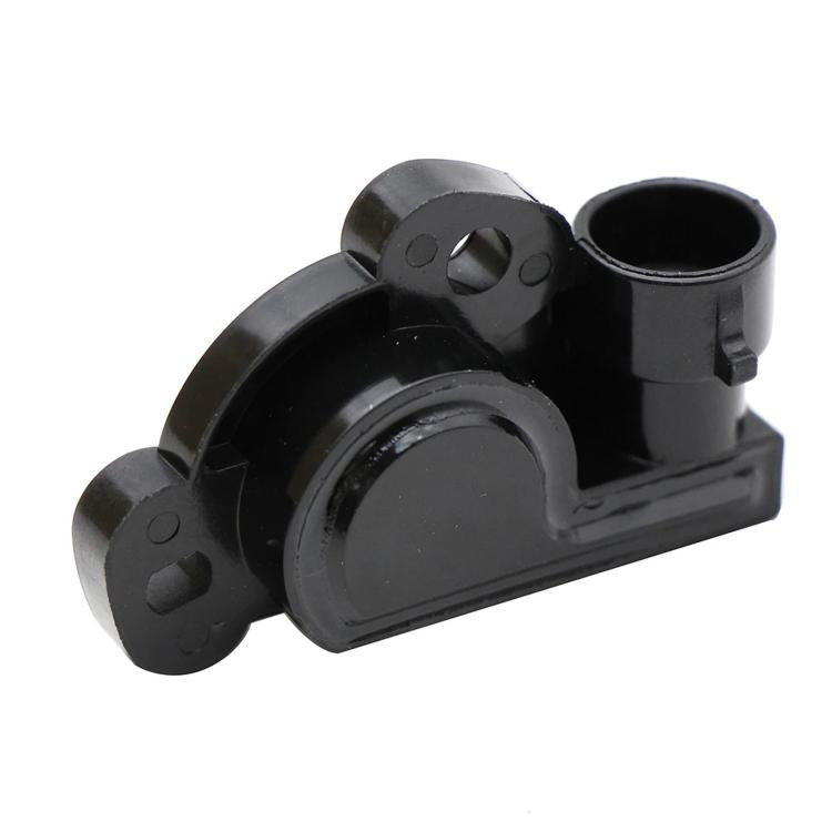 Black throttle position sensor with wiring connector and mounting tabs