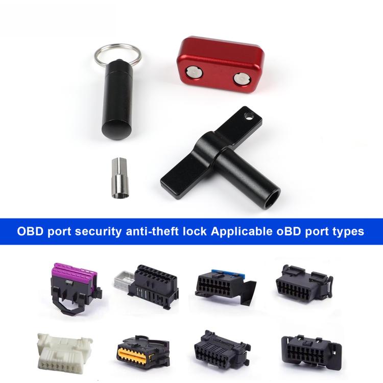 Set of red and black OBD port security lock parts with key and small metal pin.