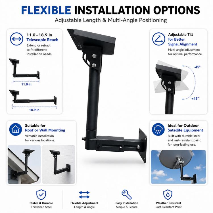 Black adjustable angle telescopic wall mount bracket for satellite alignment