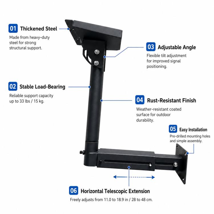 Black telescopic roof wall mount bracket with adjustable angle and rust-resistant finish