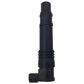 Black ignition coil with angled connector base and electrical plug housing.