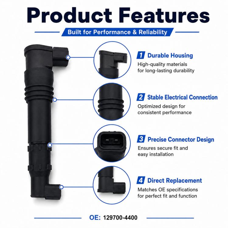 Black ignition coil showing connector port, housing, and base for direct replacement.