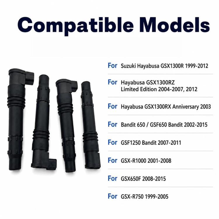 Multiple black ignition coils with connector ends, compatible motorcycle fitment set.