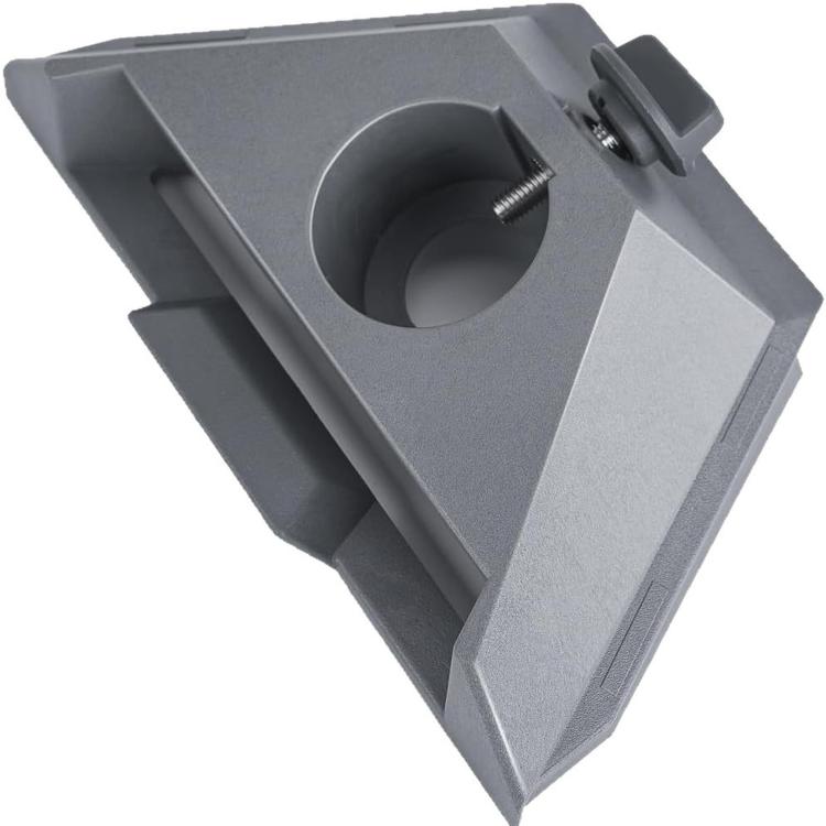Gray pipe adapter mount bracket with central hole and tightening knob screw