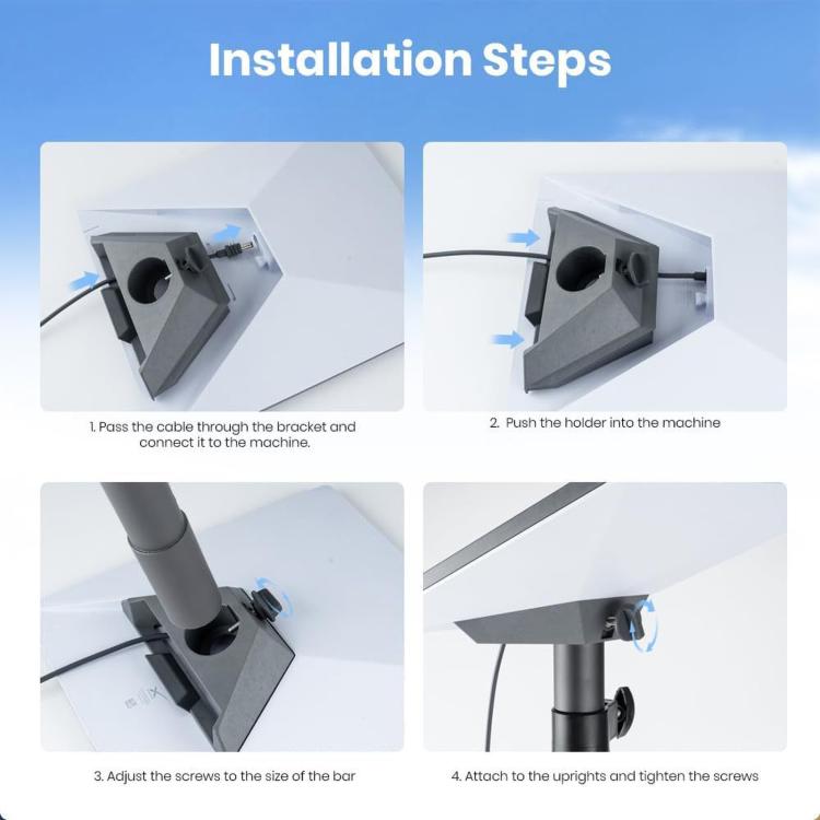 Gray adapter bracket installation steps showing tightening screws and cable pass-through