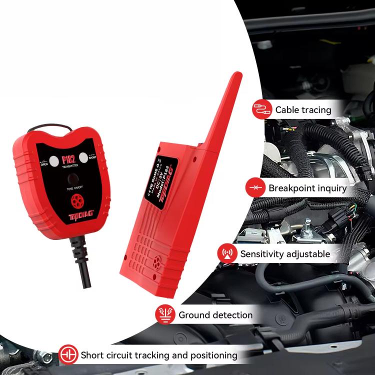 Red automotive circuit tracer tool with probe leads for wire breakpoint locating