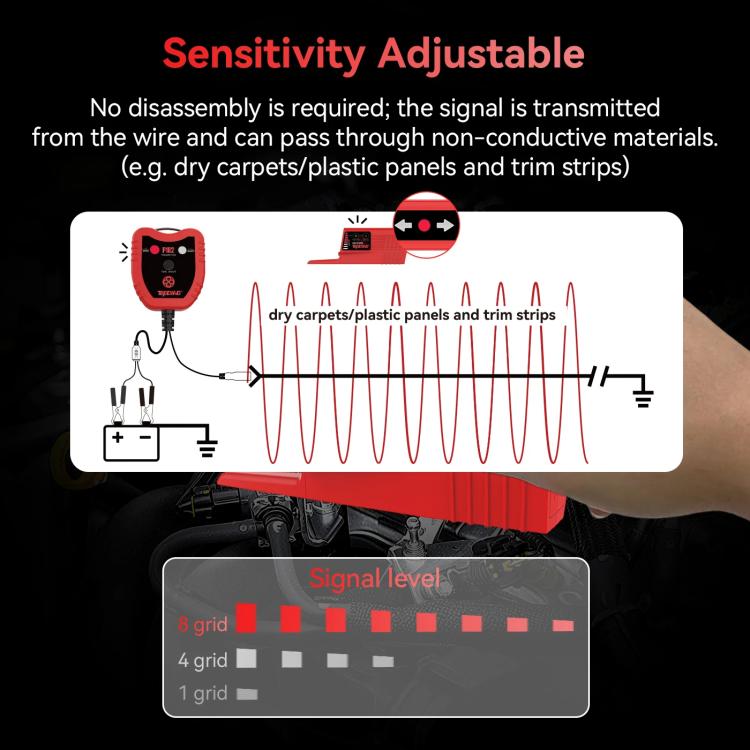 Red automotive circuit tracer with adjustable sensitivity indicator panel