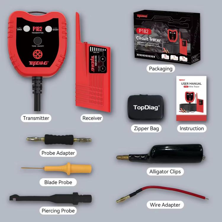 Circuit tracer kit with red transmitter, receiver, probes, alligator clips, and bag