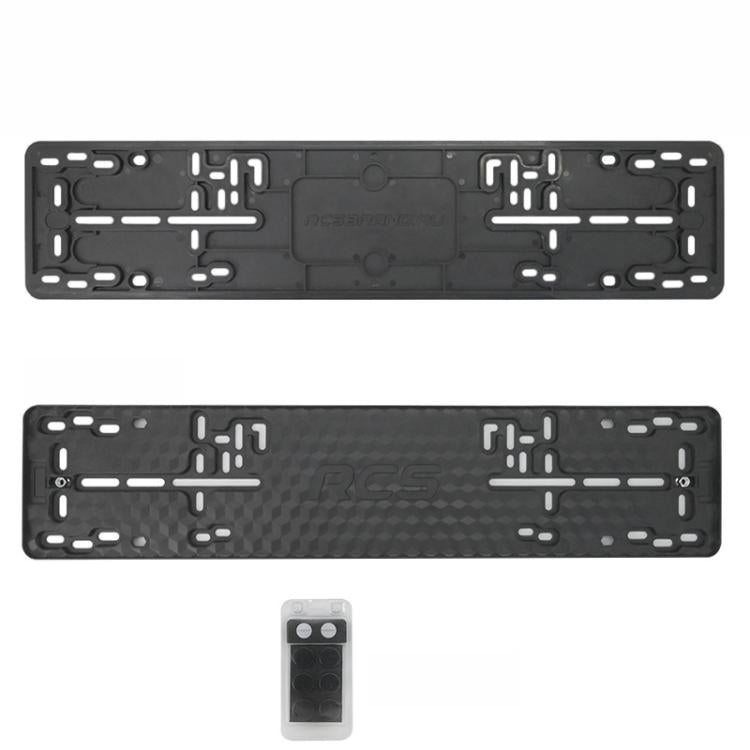 Black ABS Euro license plate frame set with RCS logo, textured panel and mounting holes