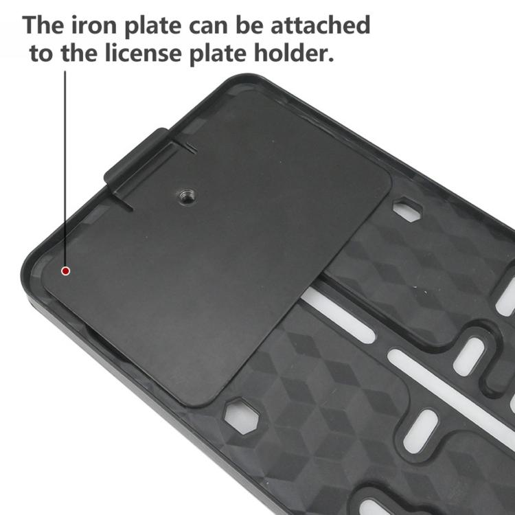 Black ABS license plate frame with attached iron plate backing for secure mounting