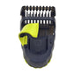 Adjustable guide comb close-up, dark body with lime green guard and metal teeth