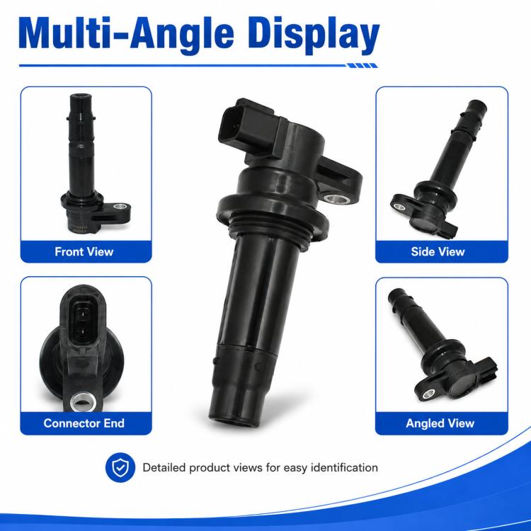 Black ignition coil shown with front, side, and angled views