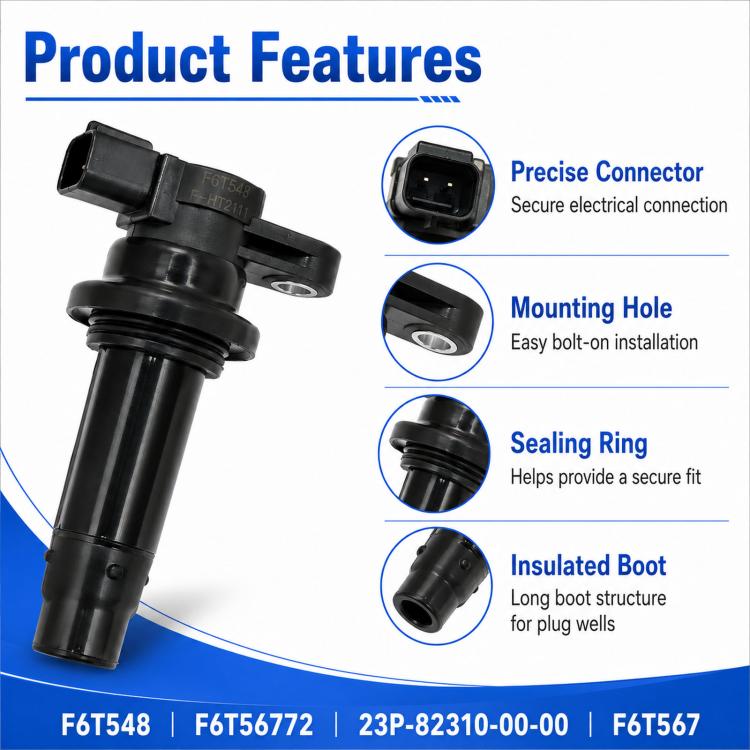 Black ignition coil with connector, mounting hole, and insulated boot