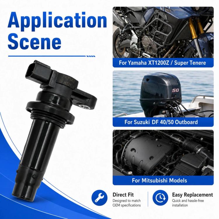 Black ignition coil positioned for a motorcycle engine bay application