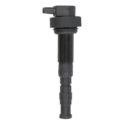 Black ignition coil for motorcycle, with top connector and long insulated body