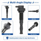 Motorcycle ignition coil shown from multiple angles, including side and connector end