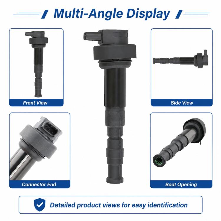 Motorcycle ignition coil shown from multiple angles, including side and connector end