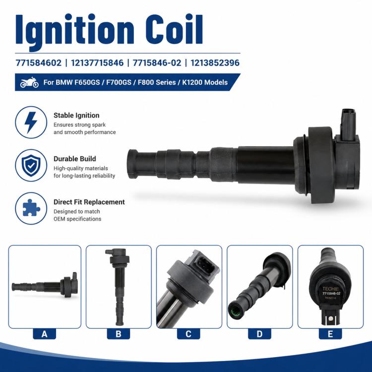 Motorcycle ignition coil with black plastic housing and spark plug wire connector