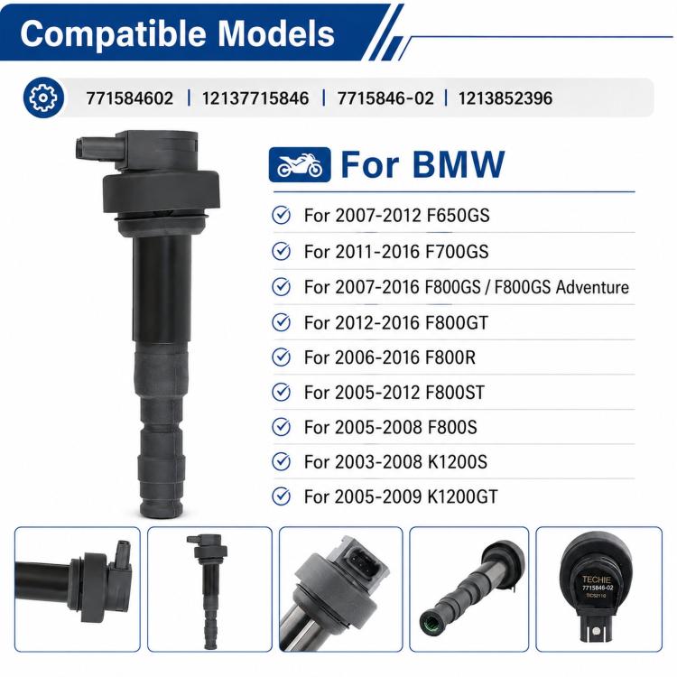 Motorcycle ignition coil front view with connector, boot, and housing details