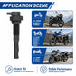 Motorcycle ignition coil with long insulated body and top electrical connector