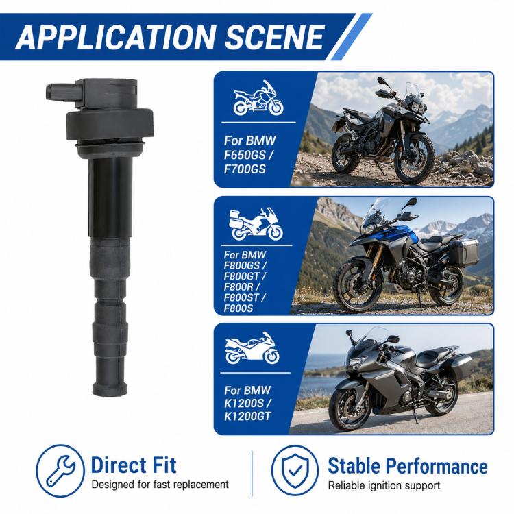 Motorcycle ignition coil with long insulated body and top electrical connector