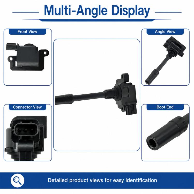 Ignition coil shown from multiple angles, including connector and boot end