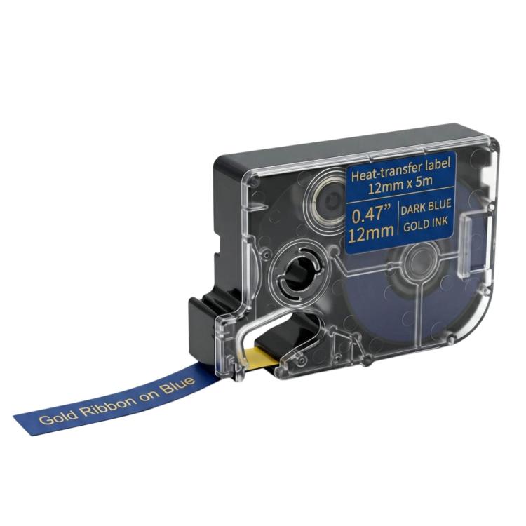 Heat-transfer label cartridge with dark blue tape and gold ink text ribbon