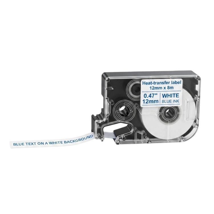 Heat-transfer label cartridge with white tape and blue ink lettering on white
