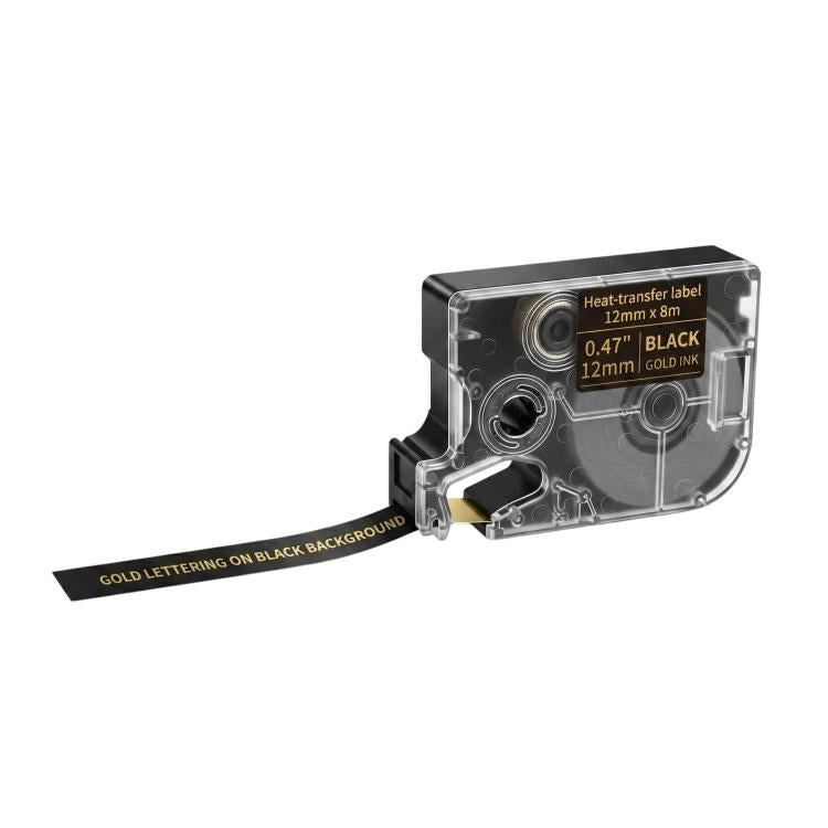 Heat-transfer label cartridge with black tape and gold ink lettering on black